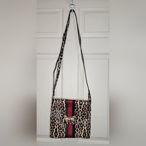 Leopard Print “Queen Bee” Crossbody Bag | Rhinestone Bee | Red & Green Stripe